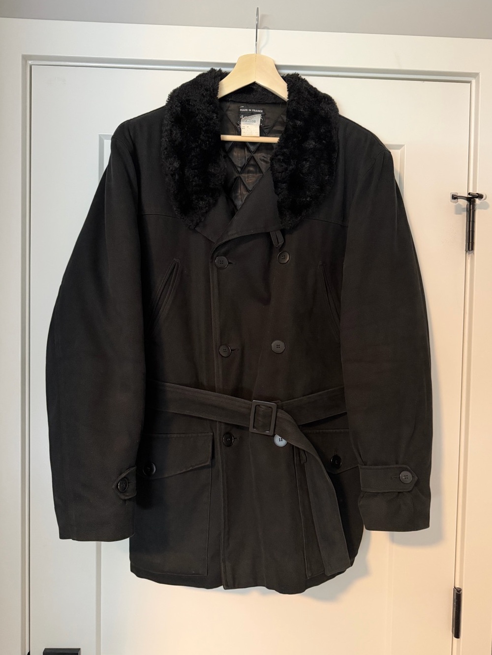 Agnes B. Homme Paris Oversized Double Breasted Fur Collar Peacoat